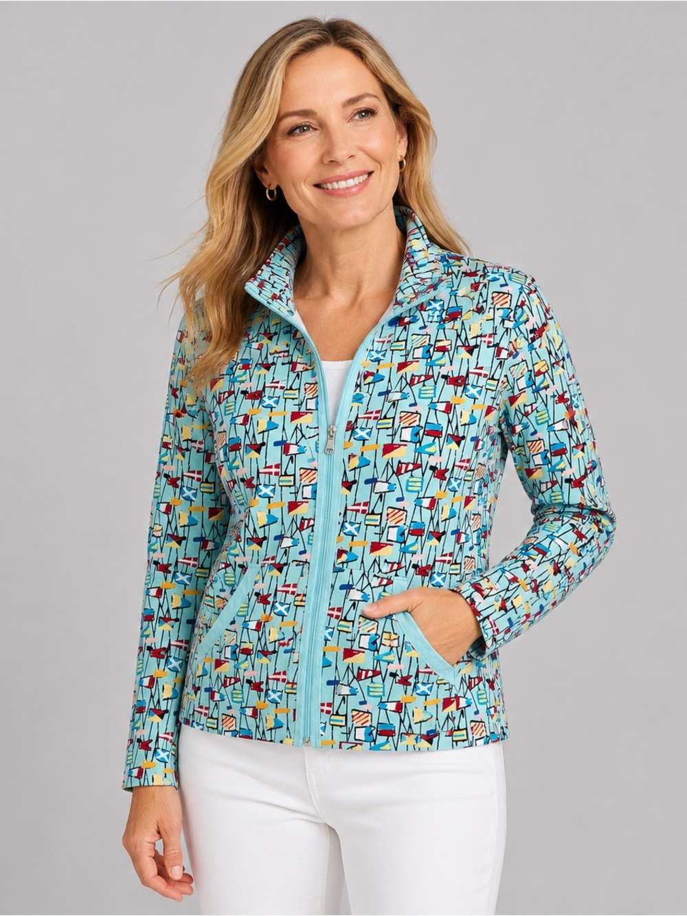 Talbots Womens Nautical Flag Jacket Medium Petite Blue Zip Boat Novelty Coastal